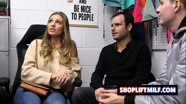 Hot blonde shoplifter milf Kenzie Love fucked by security guard in front of her husband and stepson